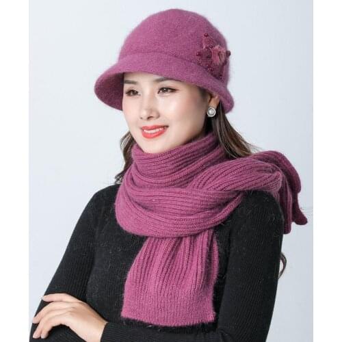 New 2019 Winter Women Warm Hat Scarf Female Rabbit Wool Caps Girls Warm Knitted Beanies Winter Velvet Mother Hat Scarf 2pcs Set