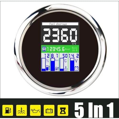 85mm Tachometer Meter 5 in 1 Multi-functional TFT Screen Fuel Level Water Temp 0~10Bar Oil Pressure Gauge For Car Boat Yacht