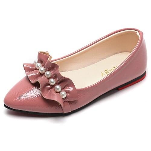 Girls Leather Shoes Princess Single Shoes 2021 New Pearl Shallow Mouth Low Heel Cute Sweet Chic All-match Kids Casual Hot 26-35