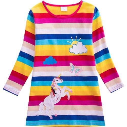 Spring and Autumn Unicorn 100% Cotton Girl Long Sleeve Dress Cute Striped Print Baby clothes Cartoon Anime Girl Princess Dress