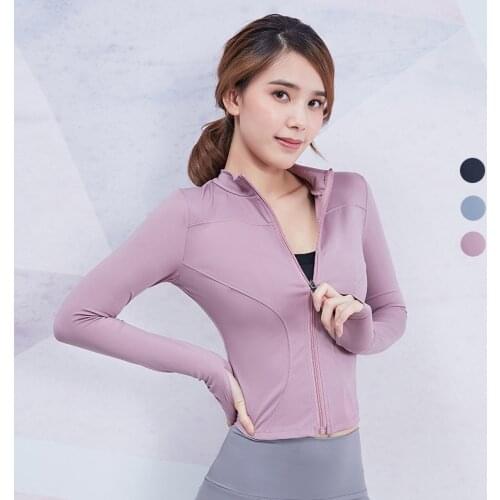 Women Running Long Sleeved Slim Fitness Yoga Crop Tops Zipper Gym Activewear Training Jackets with Thumb Holes Nylon Spandex