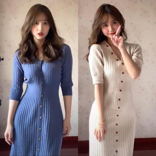 Korobov Autumn New Arrival V Neck Short Sleeve Dress Korean Single Breasted V Neck Dresses Vintage Elegant Midi Vestidos Femme