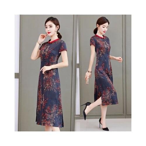 2021 Free Shipping New Summer China Style Mulberry Improved Cheongsam Silk Dress Women Printed Women Work Wear Dresses
