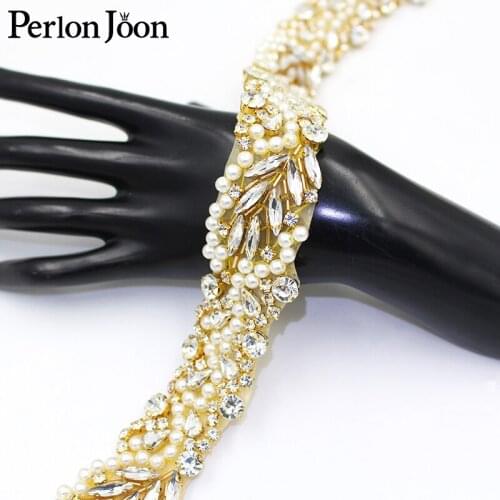 1Yard Handmade Gold Pearl rhinestone trim band Hot fix Sewn bridal accessories the Crystal Applique for Wedding Dress belt WH039