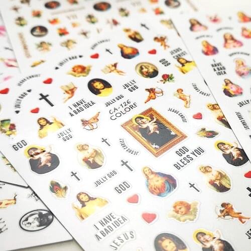 1Pc Virgin Mary Jesus Christ 3D Nail Angel Cupid Sticker Colorful Religious Series Self Adhesive Sticker Decoration