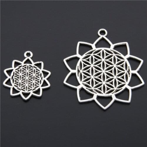 5pcs Silver Color Flower Of Life Charms Pendant Hollow Wavy And Disk Combination Carved Jewelry For Necklace Bracelet