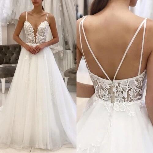 ANGELSBRIDEP Deep V-Neck A Line Wedding Dress Robe De Mariee Fashion Applique Floor-length Sexy See-Through Bride Dresses