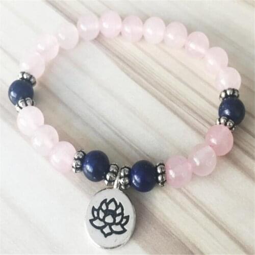 8MM Pink Crystal Lapis Lazuli Gemstone Mala Bracelet 7.5 inches Handmade Chakas Reiki Unisex Meditation Buddhism Pray