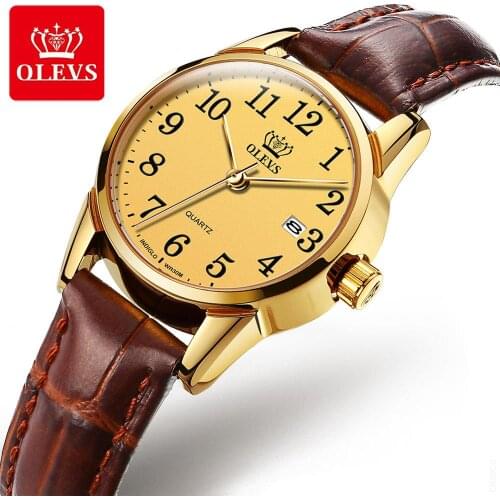 OLEVS Womens Watch Top Brand Fashion Quartz Watches Casual Luxury Dress Genuine Brown Leather Waterproof Wristwatch for Lady