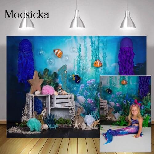 Mermaid 1st Birthday Cake Smash Backdrop Photoshoot Newborn Children Portrait Background Under the Sea Party Banner Decor Props