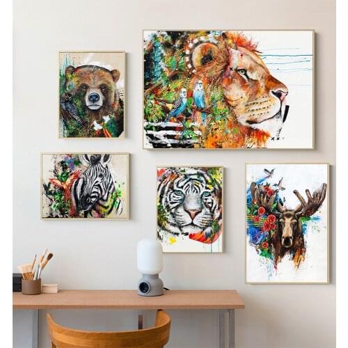 Graffiti Watercolor Tiger Lion Elephant Wolf Bear Art Canvas Print Painting Animal Abstract Wall Picture Home Decoration Poster