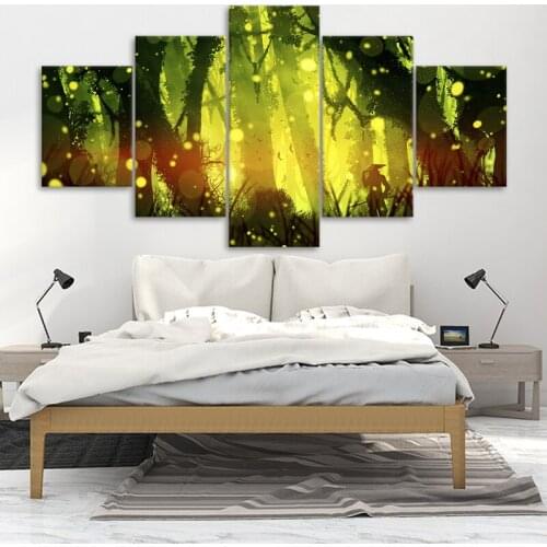 HD Printed Paintings Frames Home Decor Living Room 5 Pieces Green Fluorescence Forest Scenery Posters Canvas Pictures Wall Art