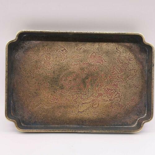 20cm Chinese Brass Paint Painting Red Foo Fu Dog Play Ball Teaboard Tea Tray
