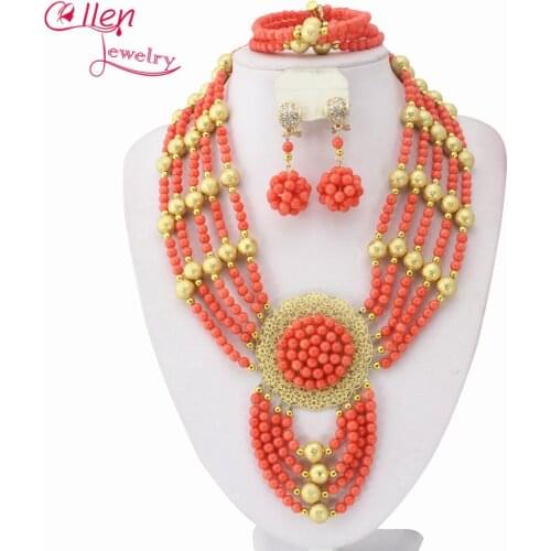 New Arrival Nigerian Coral Jewelry Set Coral Beads Necklace Set Nigerian African Wedding Beads Jewelry Set W7457