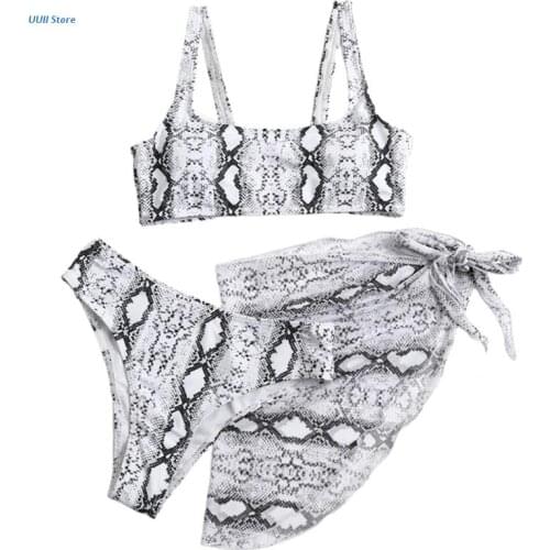 Sexy 3pcs Swimsuit Set Women Snakeskin Print Bikini Padded Bra High Waist Thong Bathing Suit with Mesh Sarong Cover Up
