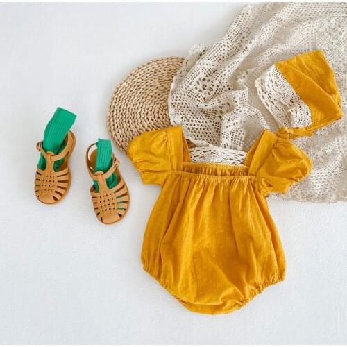 Lovely Infant Baby Girls Lace Clothes+Hat Round Neck Triangle Crotch Yellow Bodysuit Summer Jumpsuit Casual For 0-24M