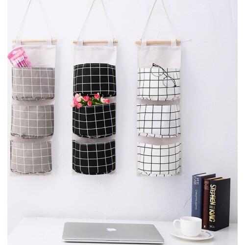 Creative Cotton Linen Waterproof Storage Hanging Bag 3-Layer Hanging Bag Lattice Decorative Fabric Door Storage Bag