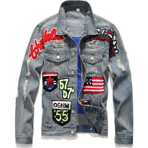 Street Hipster Punk Style Mens Slim Denim Jacket Youth Personality Letter Badge Embroidered Jean Coats Ripped Fashion Outerwear