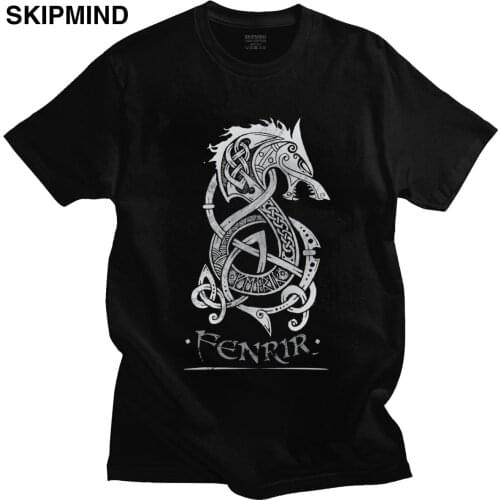 Viking Loki Son Fenrir T-Shirt for Men Short Sleeved The Monster Wolf of Norse Mythology Printed Tee Pre-shrunk Cotton T shirt