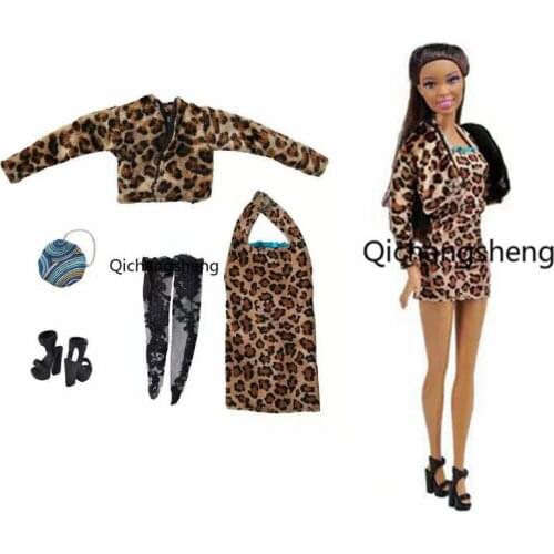 1/6 BJD Doll Clothes For Barbie Dress Little Leopard Print Outfits Coat Jacket Gown Bag Socks Shoes 11.5" Dollhouse Accessories