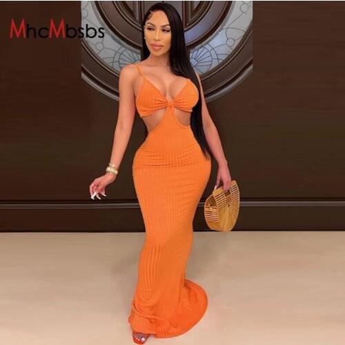 Ribbed Spaghetti Strap Backless Maxi Dress Hollow Out Bodycon Robe Women Summer Clothing Sleeveless Club Ladies Long Dresses