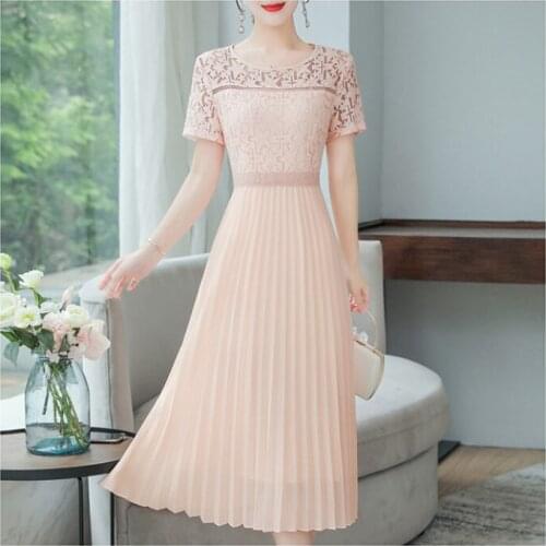 Summer new dress fashion lace stitching womens temperament slim O-neck Solid color short-sleeved mid-waist vestidos D180