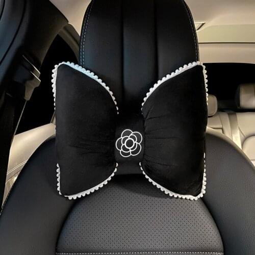 Cute Flower Soft Velvet Bow Car Headrest Neck Pillow Plush Auto Waist Pillow Cushion Washable Car Accessories Interior for Girls