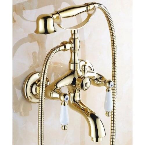 Modern Golden Brass Wall Mounted Bathroom Tub Faucet Set with 1500MM Handheld Shower Spray Head Mixer Tap 2tf083