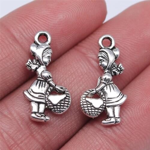 WYSIWYG 20pcs 21x11mm Little Girl Picking Mushrooms Pendants Antique Silver Color Girl With Basket Pendants Charm Girl