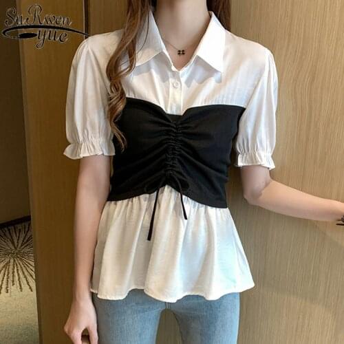 Blouse Women Korean Clothes Wild Slim Contrast Stitching Shirts Summer Womens Blouse Solid Polo Collar Ropa De Mujer 9604