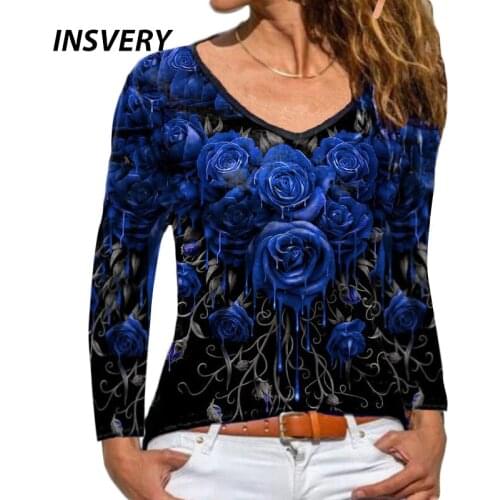 2021 Casual T-shirt For Women V Neck Long Sleeve Women Tops Loose Floral Print Top V-neck Spring Autumn Woman Tshirts Pullover