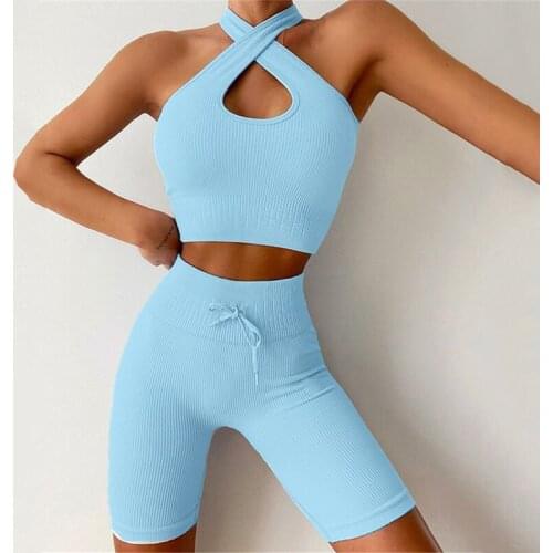 Women Seamless Yoga Sets 2Pcs Cross Bra+Hips Push Up Shorts Sports Suits High Waist Fitness Sets Girl Running Gym Sets Outfits