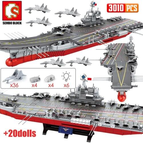 SEMBO 3010PCS WW2 Warship Cruiser Building Blocks Military City Police LED Lights Aircraft Carriers Bricks Toys for Boys