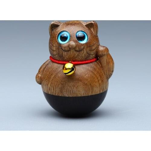 35x44mm Natural Wooden Carved Cute Mini Tumbler Roly-poly Cat Animal Desktop Decoration and Gift