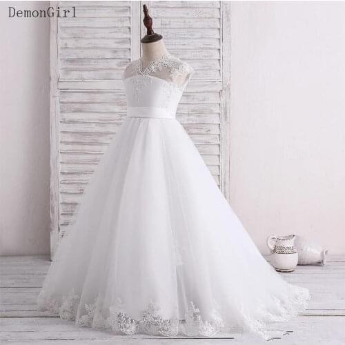 Princess White A-Line Flower Girl Dresses for Wedding Lace Tulle Vintage Wedding Girl Pageant Communion Dress