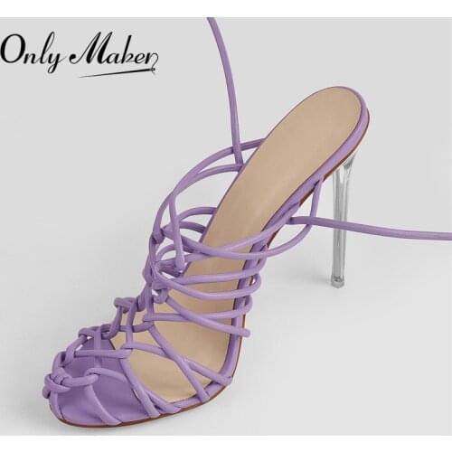 Onlymaker Summer Lace-Up Stiletto High Heel Sandal Ankle Strap Knotted Matte Purple Narrow Band Elegant 2021 Fashion Big Size