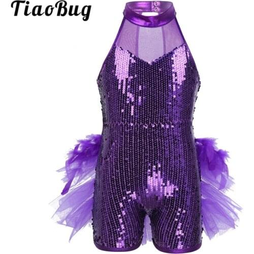 TiaoBug Children Girls Shiny Sequins Ballet Leotard Kids Feathers Ruffles Ballet Tutu Stage Performance Latin Jazz Dance Costume
