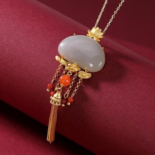 Designer original ancient gold craftsmanship inlaid geometric natural Hetian jade palace necklace pendant ladies jewelry