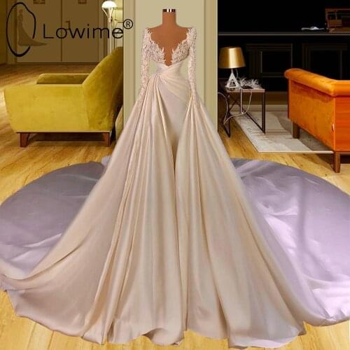 Dubai Ivory Long Sleeve Mermaid Wedding Dresses Sexy Deep V Neck Bridal Gowns with Long Train