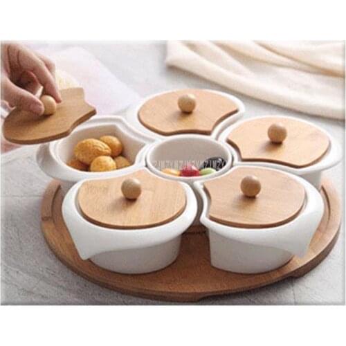New Ceramic Storage Dish With Bamboo Tray Creative Separating Box Plate Candy Disc Storage Box Snack Dried Fruit Bowl With Lid