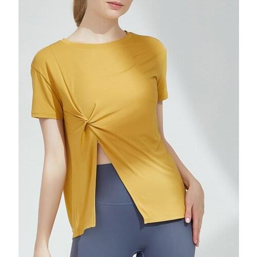 Summer Women Gym Side Open Fork Sport Shirt Thin Modal Running Tops Short Sleeve Fitness Crop Tops Loose Yoga Sportswear