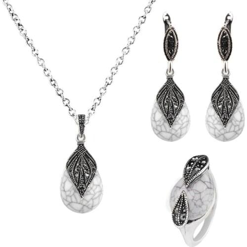 Leaf Water Drop Faux Turquoise Pendant Necklace Ring Earrings Women Jewelry Set