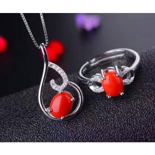 Natural red coral gem jewelry sets natural gemstone ring Pendant 925 silver Luxury romantic wedding gift fine jewelry