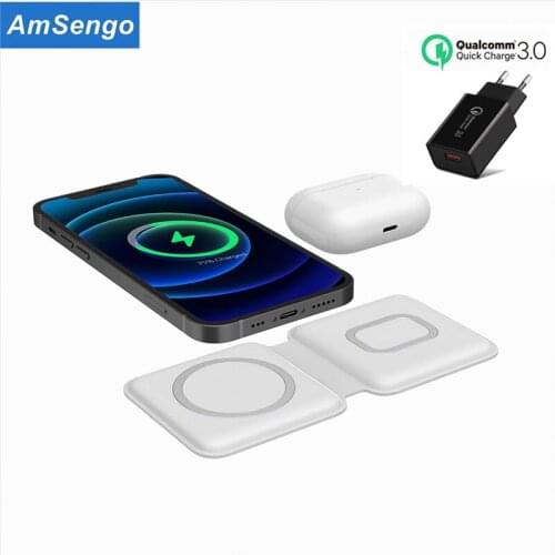 New 2 In1 Folding Duo Magnetic Qi Wireless Charger Dock For Magsafing iPhone 12 /Pro/Pro Max/Mini 20W Fast Charging For AirPods