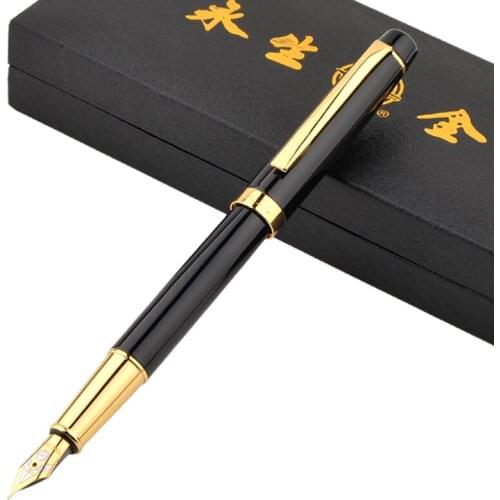 Wingsung 9128 Luxury Black and Gold Clip Fountain Pen with 0.5mm Iraurita Nib High Quality Metal Ink Pens In Gift Case
