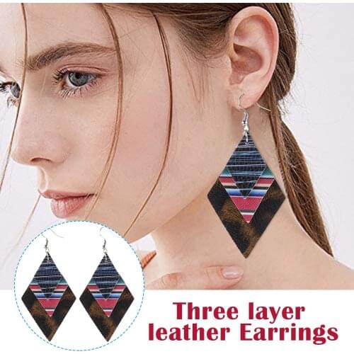 Rhombic 3-layer PU Earrings with Striped & Leopard Print Vintage Ear Pendant Dropping Ear Jewelry for Women NYZ Shop