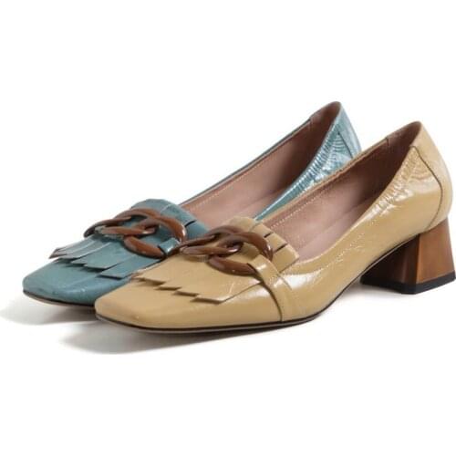 ROYESIC 2021 fashion retro tassel thick heel commuter full leather single shoes womens shoes