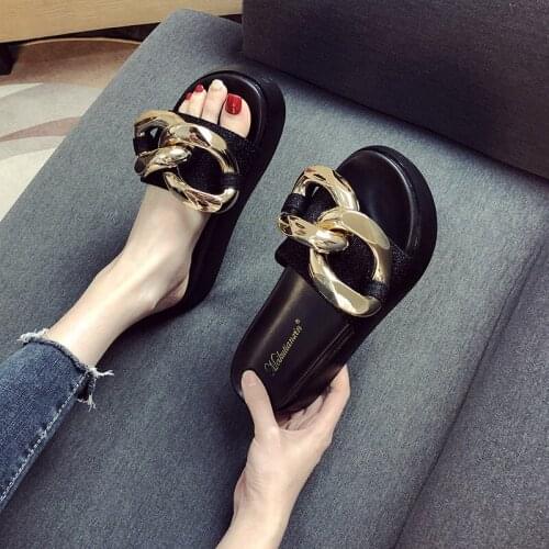 Thick Bottom Slippers Women Platform Sandals ZAR Shoes 2021 New Summer Fashion Metal Chain Woman Beach Slippers Chaussure Femme