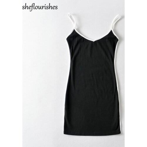 Sexy dress women summer bodycon dresses korean mini dress patchwork spaghetti strap dresses v neck black dress knitted 2021