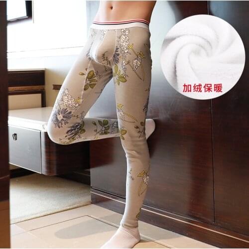 Winter Keep Warm Men Long Johns Cotton Plus Thick Velvet Flower Printed Thermal Underwear Men Home Pants Sleepwear Underpants